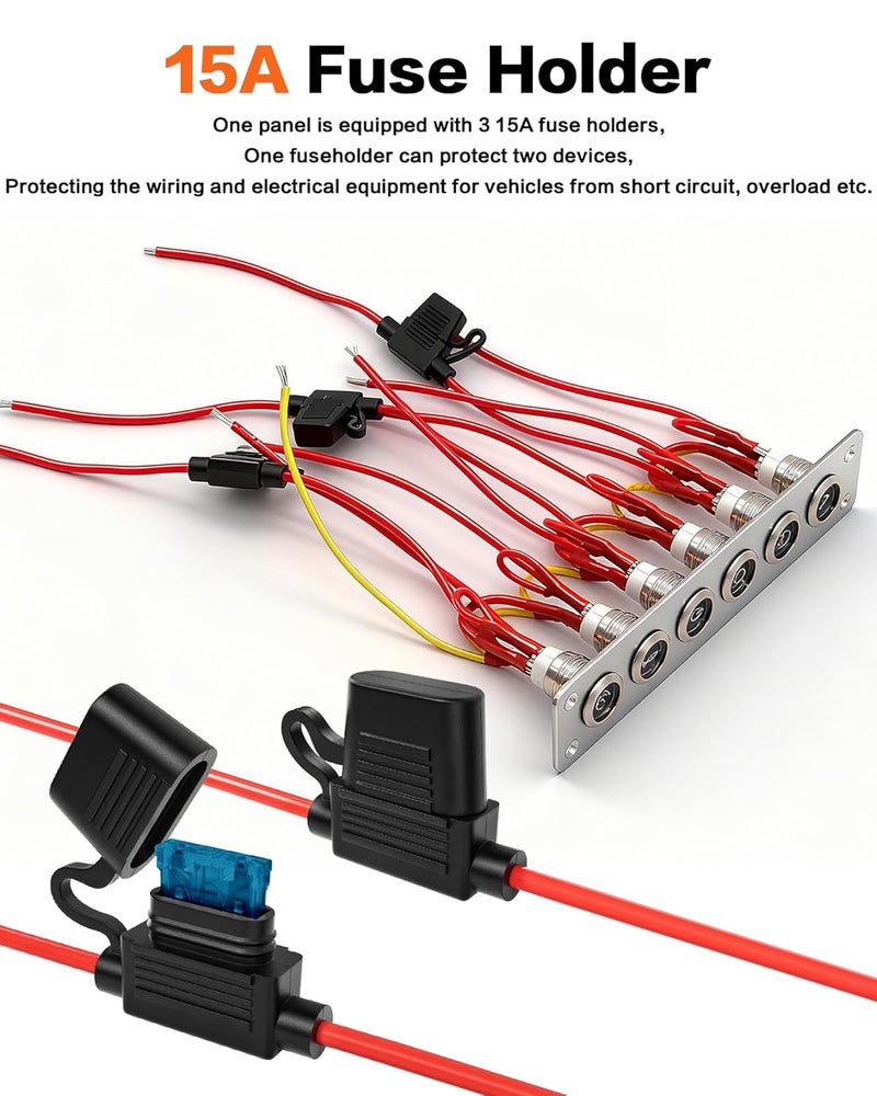 IZTOSS 6 Gang Aluminum Marine Rocker Switch Panel - Pre-Wired with White LED Indicator, 12-24 V Multi-Function Rocker Switch - Ideal for Marine motorhomes, Yachts - Image 3